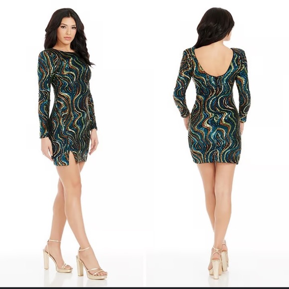 NEW Dress the Population Nathalia Sequined Long-Sleeve Mini dress sz XS - Picture 1 of 7